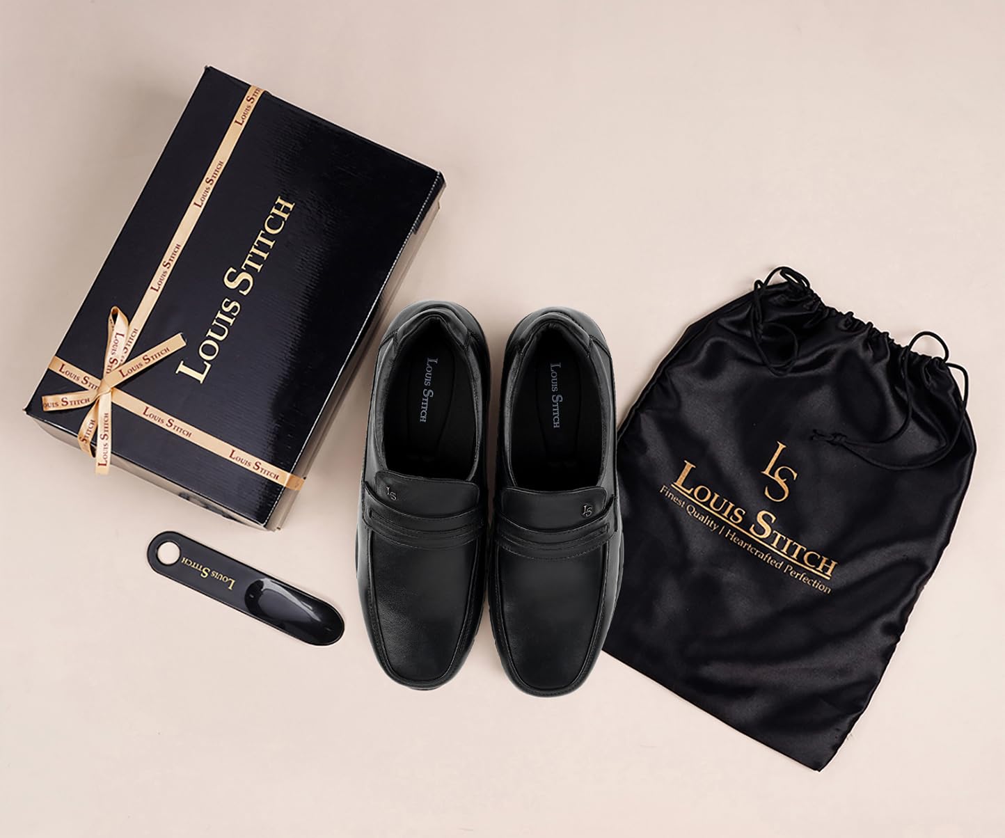 LOUIS STITCH Jet Black Leather Shoes for Men | Lightweight Men’s Formal Shoes | Comfortable Slip-On Moccasins | LSLXMCPL | UK-8