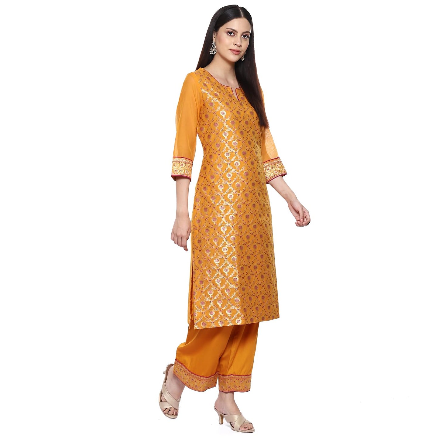 BIBA Women's Polyester Blend Kurta Palazzo Suit Set Yellow M