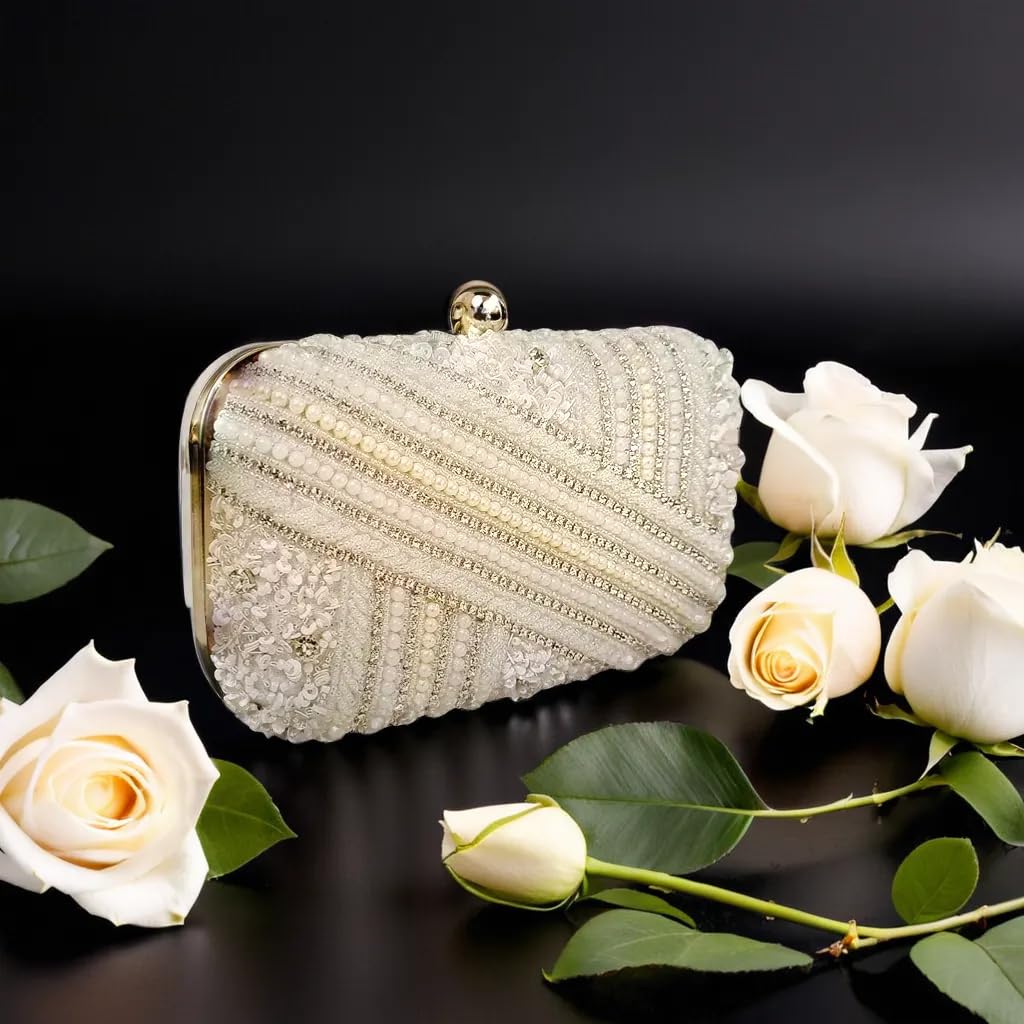 DUCHESS Women's Girl's Pearl Beaded Box Clutch for Wedding (Silver)