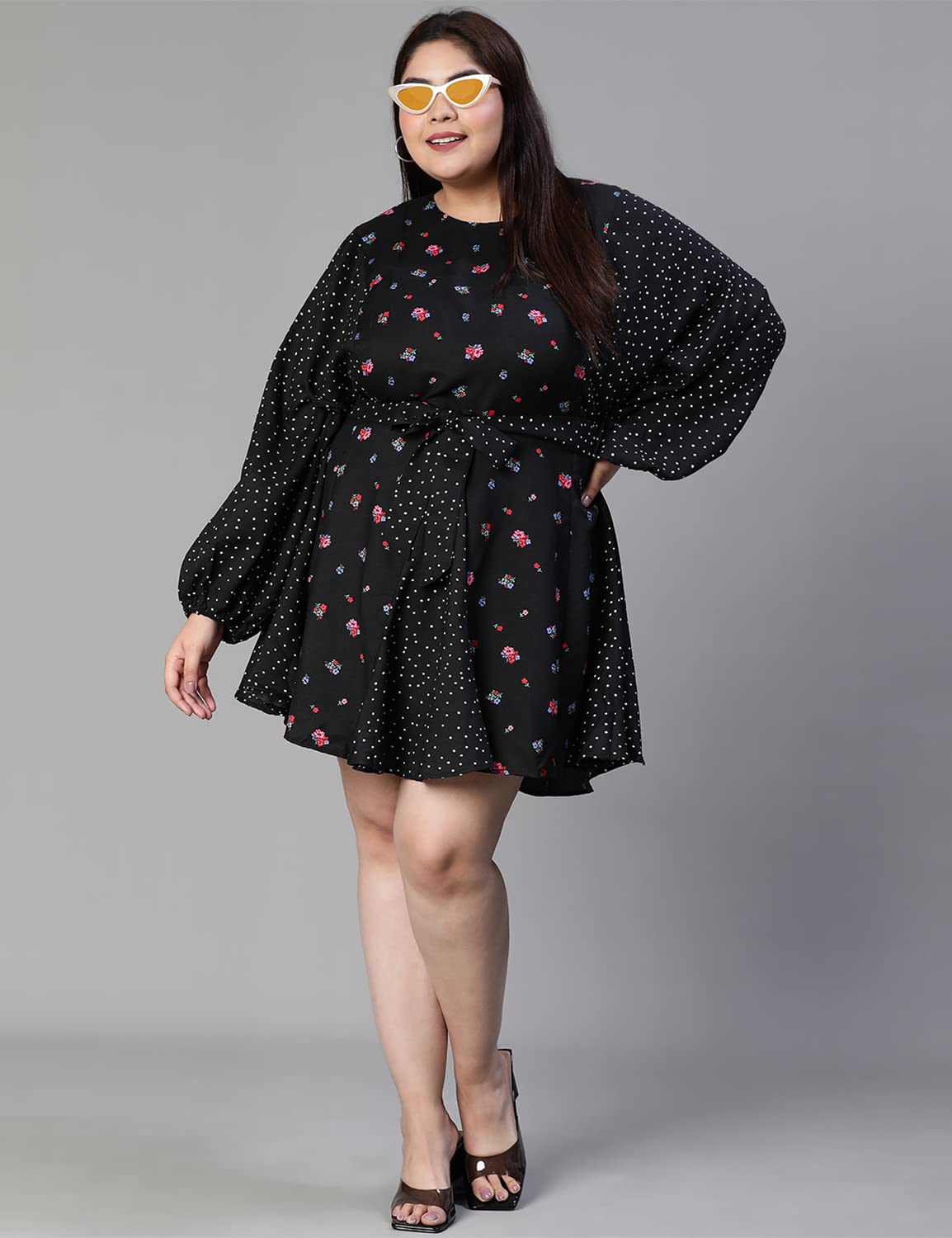 oxolloxo Women Plus Size Floral Print Tie-Knotted Round Neck Black Dress