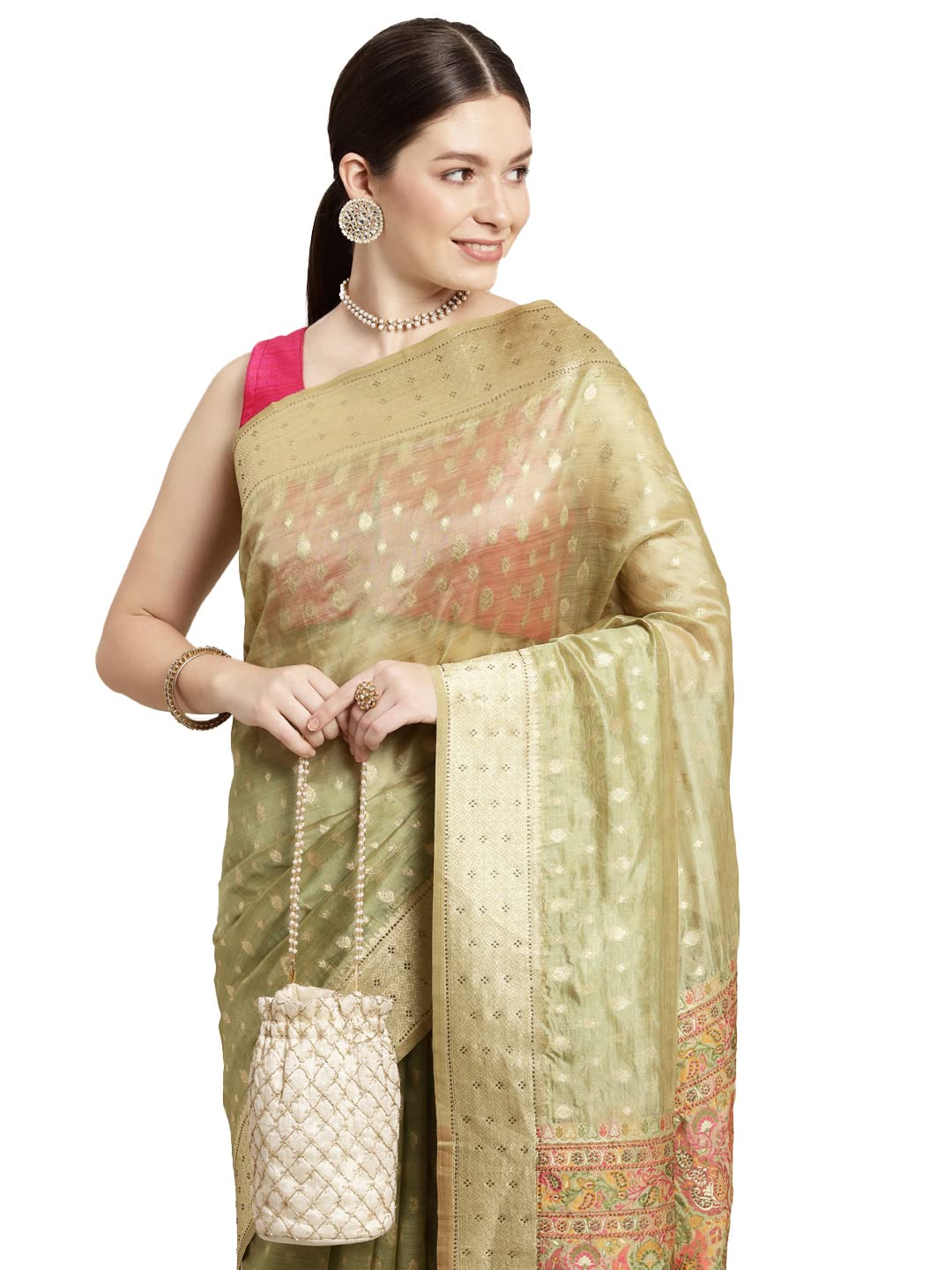 MOHEY Women's Festive Saree, All Over Boota, Border Saree with Blouse Piece Traditional Womens Saree for Festival, Wedding, Party (Green)