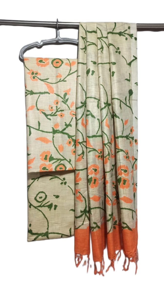 ZERATEX Women's Cotton Silk Handcrafted Screen Print Unstitched Salwar Suit Dress Material With Duputta (Orange)