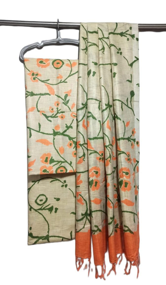 ZERATEX Women's Cotton Silk Handcrafted Screen Print Unstitched Salwar Suit Dress Material With Duputta (Orange)