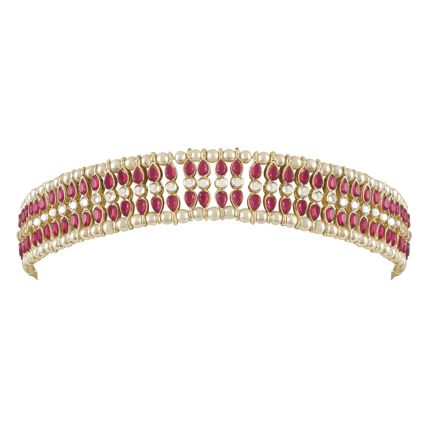 I Jewels Gold Plated Metal Traditional Floral Kundan Pearl Studded Rajasthani Sheeshphool/Mathapatti for Women (Pink)