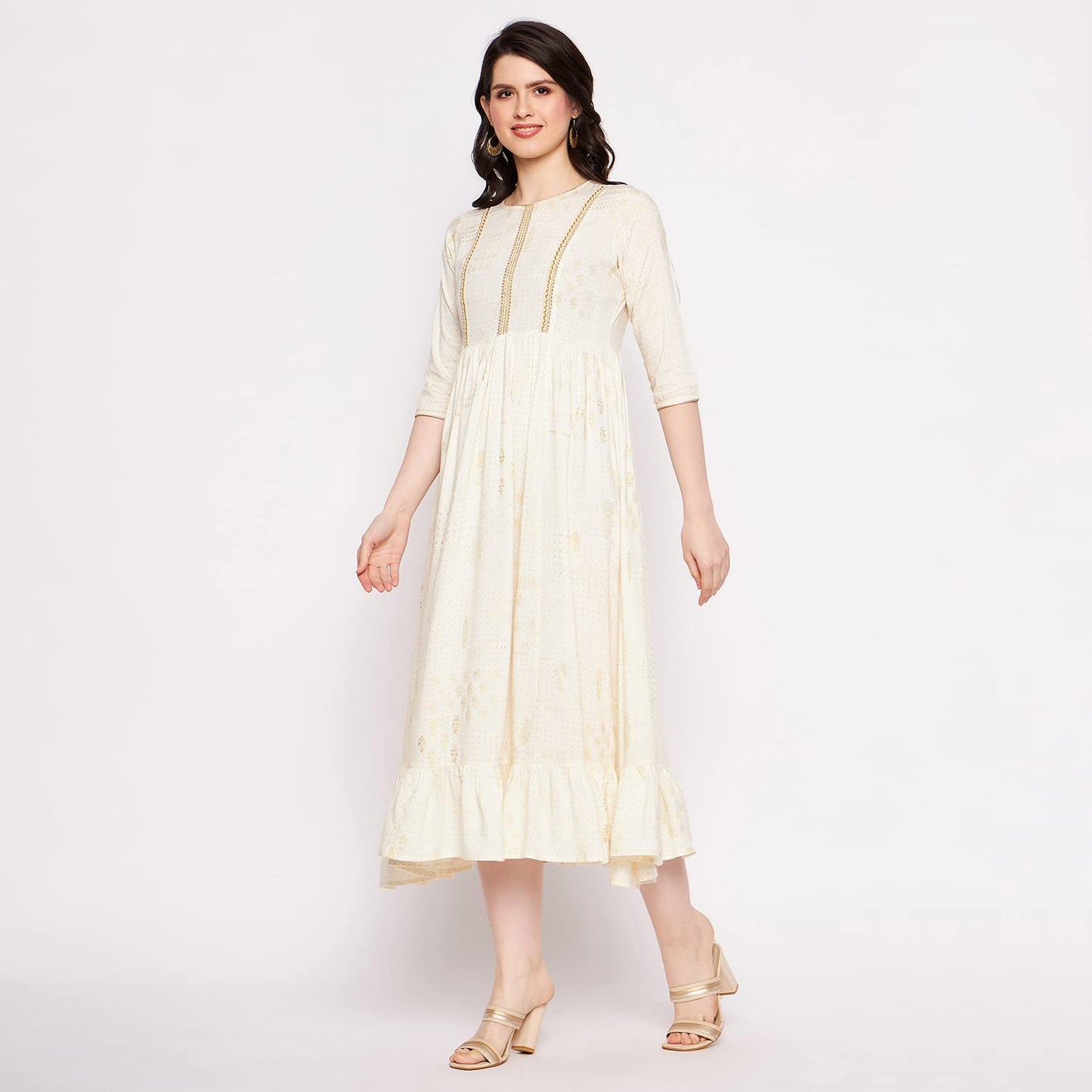 Rangavali Off White Foill Printed Cotton Frill Dress for Women | Stylish Kurti for Woman | A-Line Tiered Dress | Sundress | Maxi Dress | Short Dress | Wedding Party Ethnic Dress | Off White, 34 M