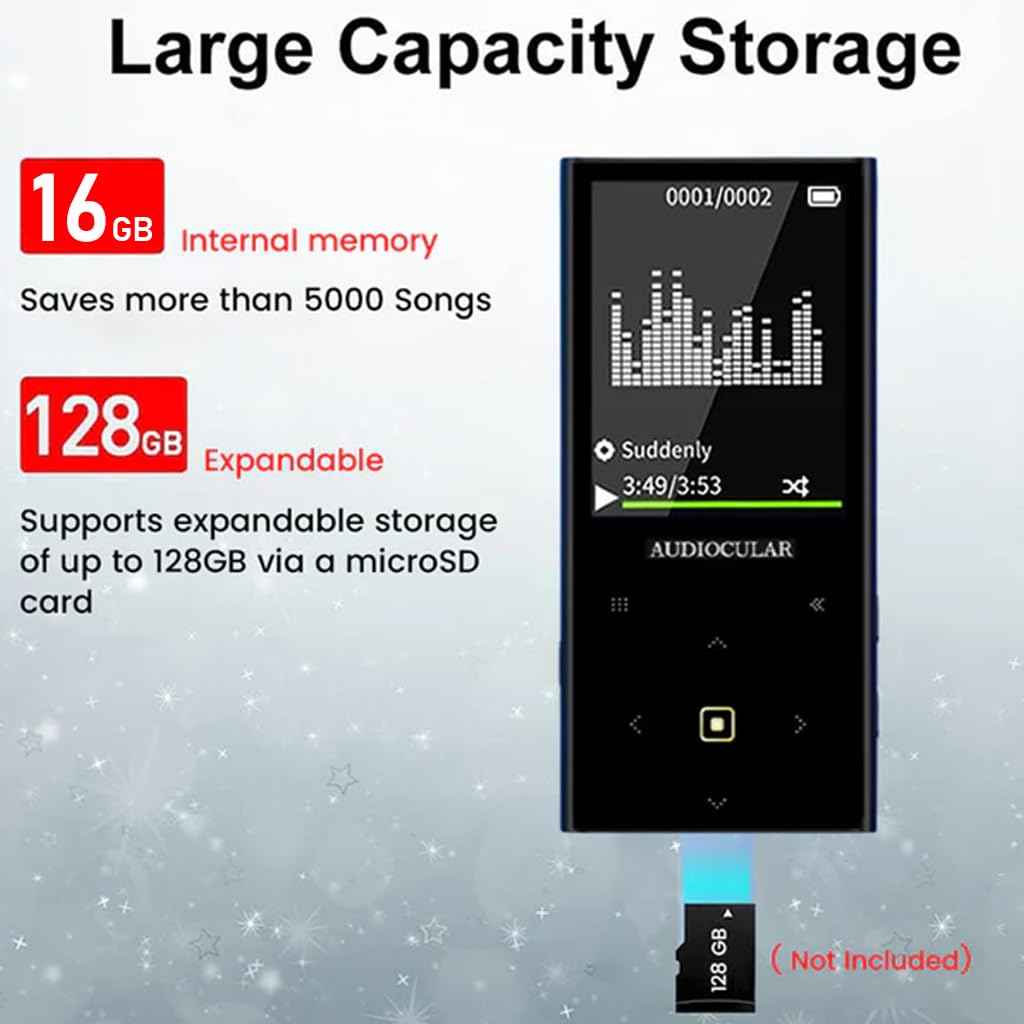 AUDIOCULAR M31 16GB Portable Mp3 Music Player with Bluetooth, 2.4” LCD Touch Screen, Video Playback, Built-in Speaker, Voice Recording Function Mini HiFi Lossless Digital Audio Player (16GB - Blue)