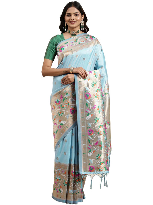 Pandadi Saree Women's Paithani Silk Saree With Blouse Piece (371PS13_Aqua Blue)