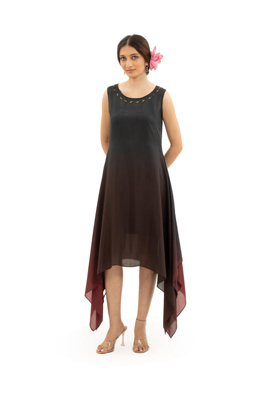 MIORAH Artisanal Ethnic Dress for Women & Girls,Muslin Modal Regular Fit One Piece Dress for Women’s, Sleeveless Round Neck Midi Dress with Hand Embroidery and Metal Sequins (Colour- Ombre, Size- 3XL)