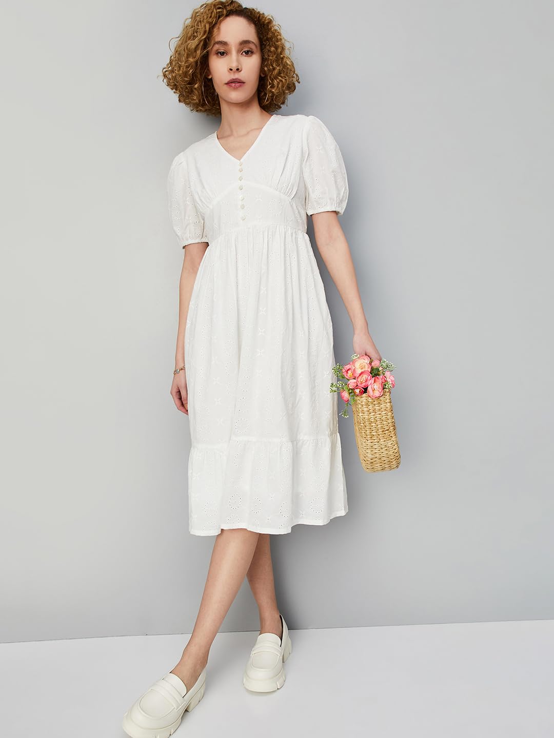 Max Women's Cotton Blend Classic Midi Dress (MDDRS42015_Off White_XL
