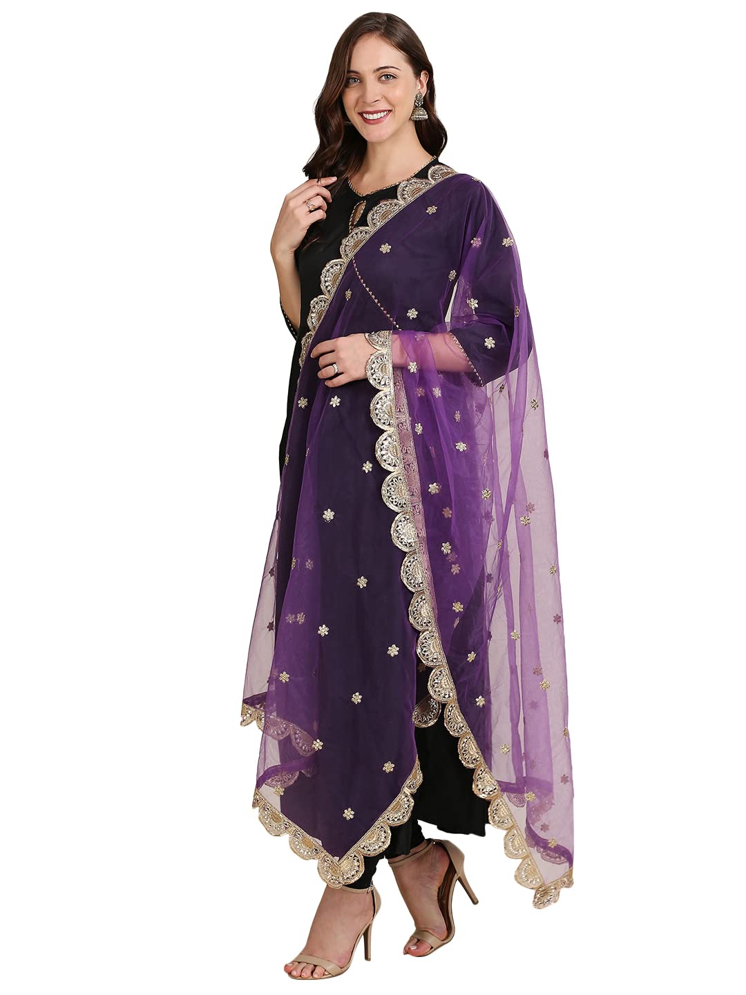 DUPATTA BAZAAR Women's Purple Embroidered Net Dupatta With Scallops, free size