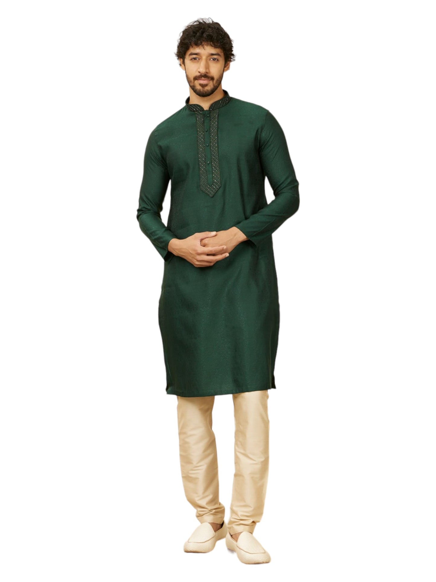 Manyavar Dark Green Blended Viscose Jacquard|Self Texture Kurta Pyjama Set for Men