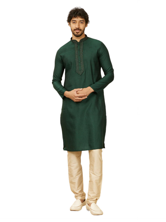 Manyavar Dark Green Blended Viscose Jacquard|Self Texture Kurta Pyjama Set for Men