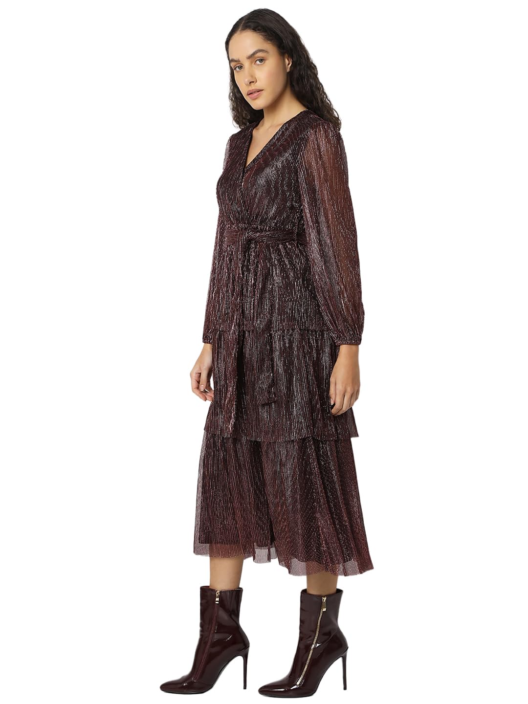 VERO MODA Women's Polyester Fit and Flare Midi Dress (9008812- Winetasting