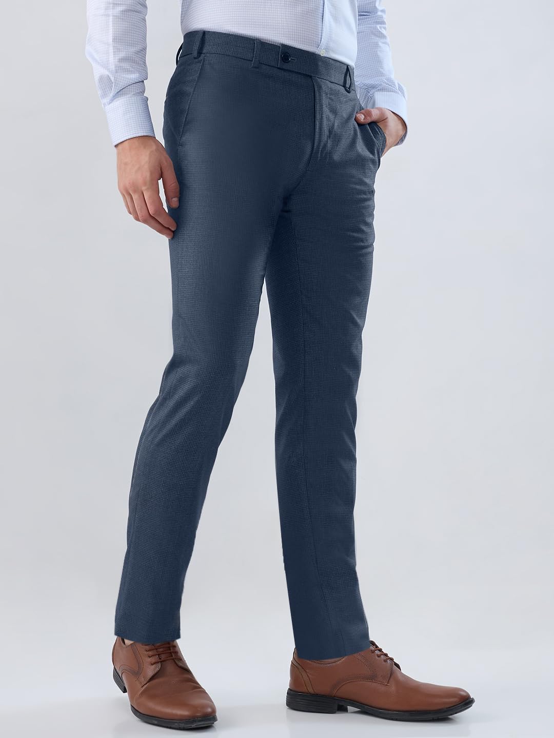 Raymond Men’s Slim Fit Formal Trousers, Polyester Blend, Flat Front, Checked Design, Office Wear | Dark Blue