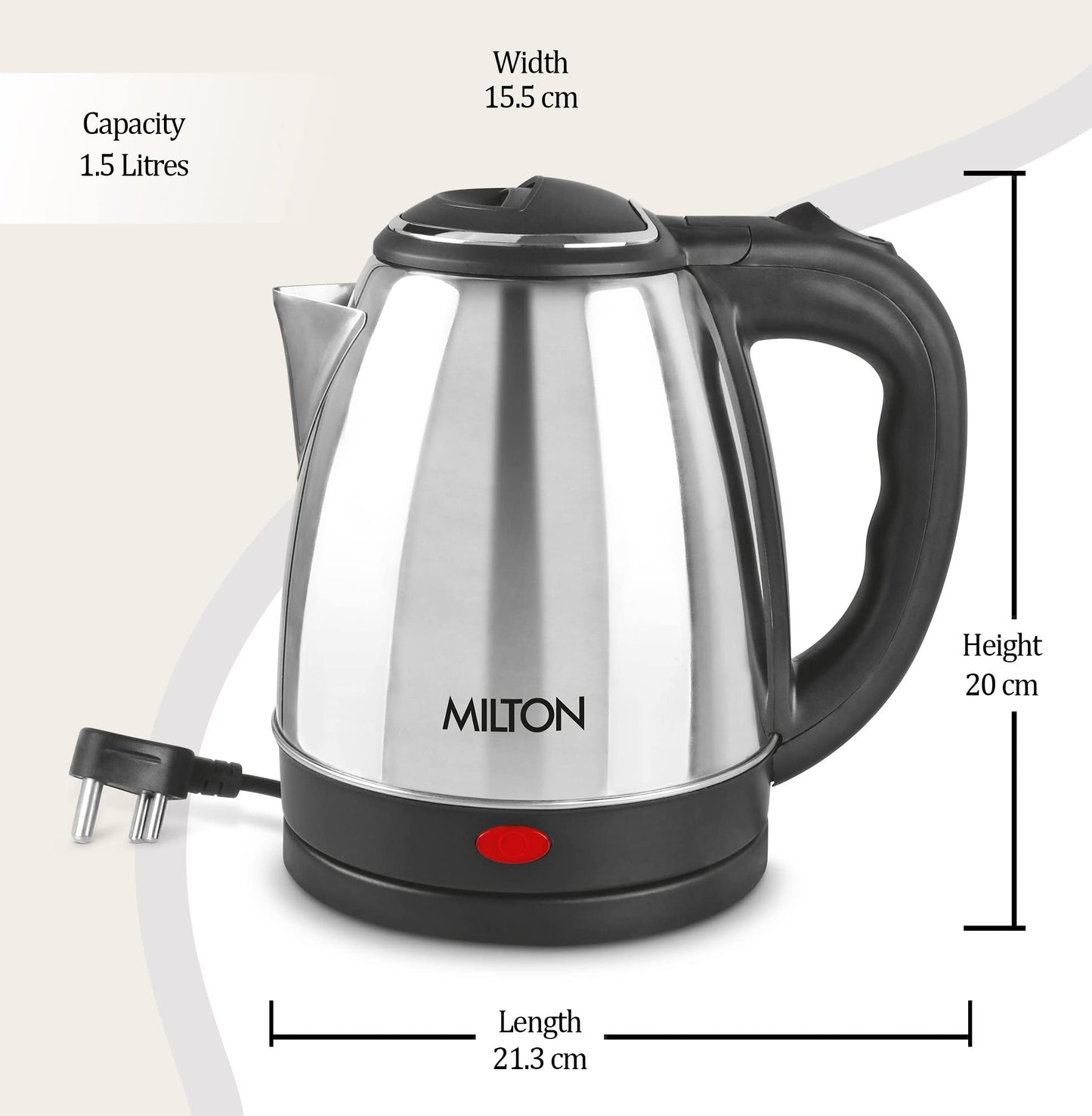 Milton Euroline Go Electro 1.5 Stainless Steel Electric Kettle, 1 Piece, Silver, 1.5 Litres | Power Indicator | 1500 Watts | Auto Cut-off | Detachable 360 Degree Connector | Boiler for Water
