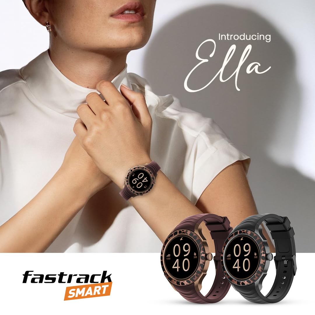 Fastrack Ella Women Smart Watch with 1.2" inch AMOLED Display,Patterned Bezel,AI Watchface & AI Chat,Functional Crown,24/7 Health Suite,BT Calling,SpO2,HRM,IP68, Multiple Menu Styles,Games- Dark Wine