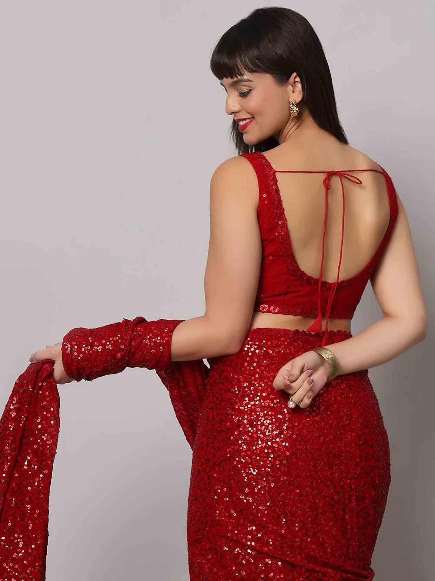 Zeel Clothing Women's Red Sequins Work Heavy Georgette Saree with Blouse (1010-Ruby-Red-Sequins-Party-Saree-New, Ruby Red)