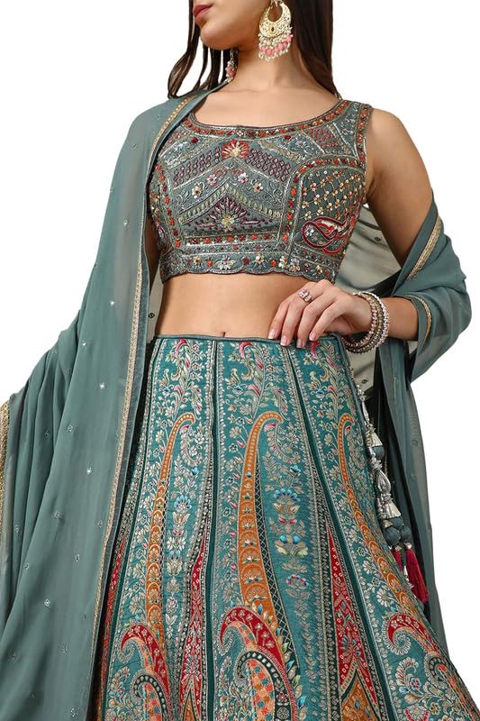 Soch Womens Grey Brocade Ghagra Choli With Cutdana