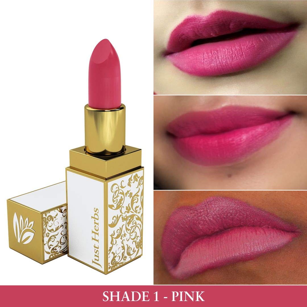 Just Herbs Natural & Organic Herb Enriched Ayurvedic Creamy Matte Lipstick For Dry & Chapped Lips- Paraben & Chemical Free Lipstick (Pink, Shade no. 1)