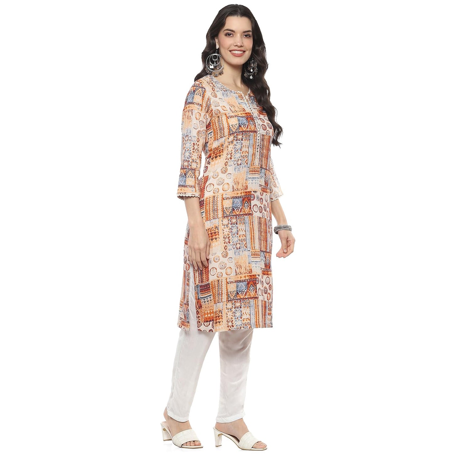 BIBA Regular Women Rayon Printed Kurta (ASSORTED20551SS24ECRU_Beige