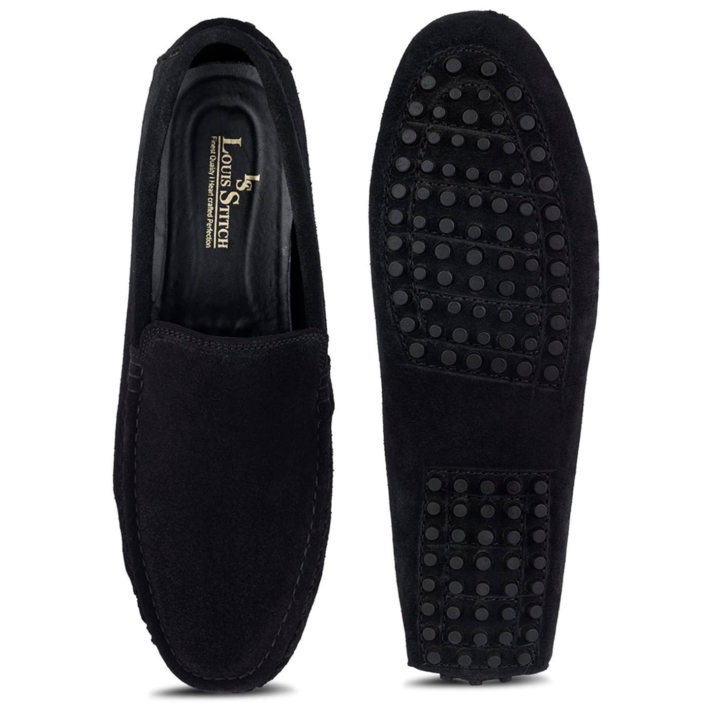 LOUIS STITCH Men's Obsidian Black Italian Suede Leather Driving Loafer Moccasins Casual Loafers for men (ITSUP-) (Size- 8 UK)