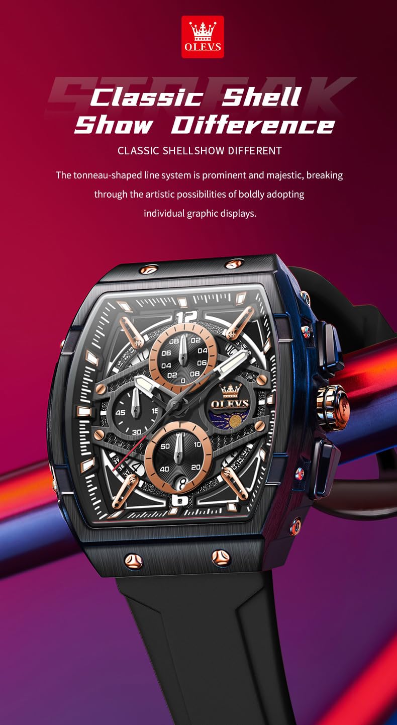 OLEVS Men Watches Business Dress Chronograph Big Square Quartz Analog Male Watch Silicone Strap Waterproof Date Gift Mens Wrist Watch