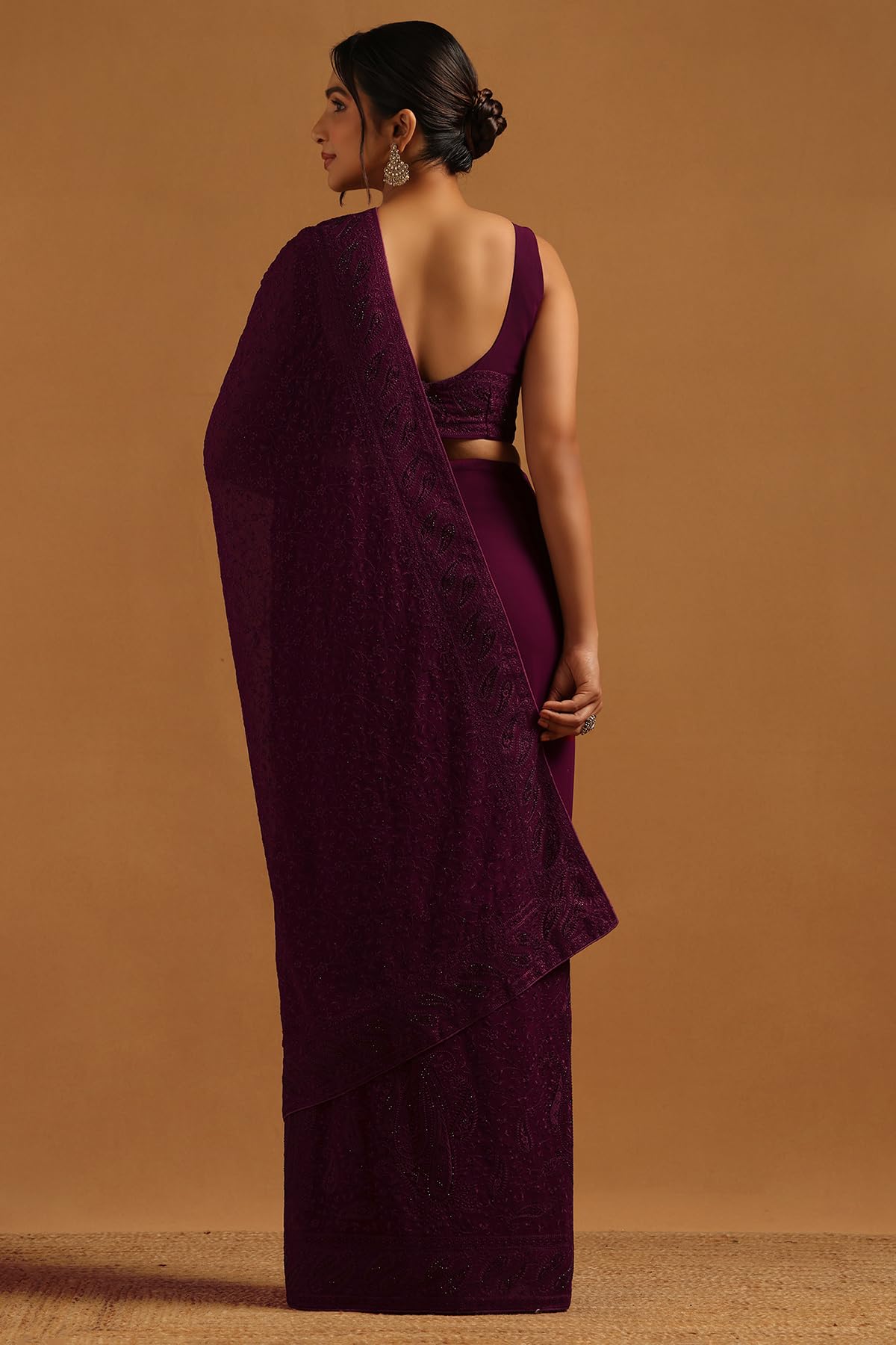 Soch Womens Wine Georgette Botanical Saree With Stone Work