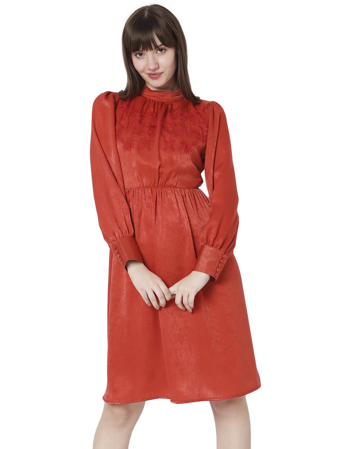 VERO MODA Women's Polyester A-Line Knee-Length Dress (10299553-Burnt Sienna_Burnt M) Orange