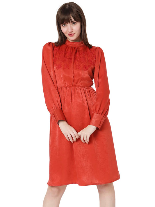 VERO MODA Women's Polyester A-Line Knee-Length Dress (10299553-Burnt Sienna_Burnt M) Orange