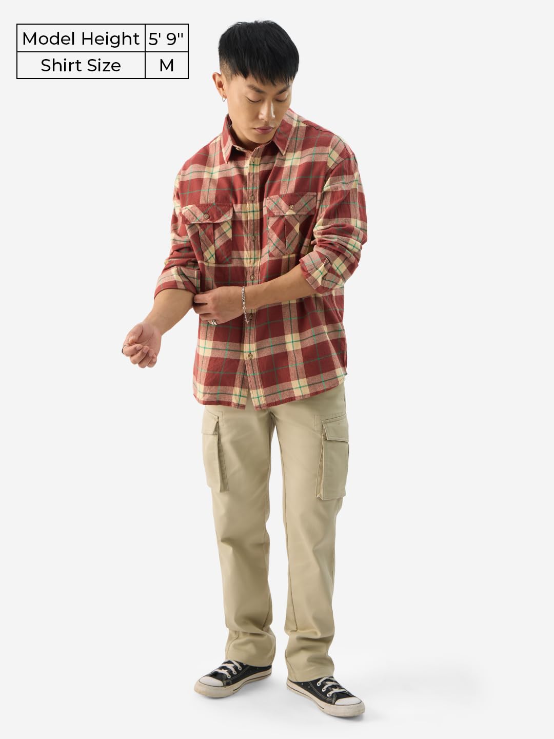 The Souled Store Checks: Almond Cream Men and Boys Long Sleeve Collared Neck Button Down Cotton Relaxed Fit Shirts