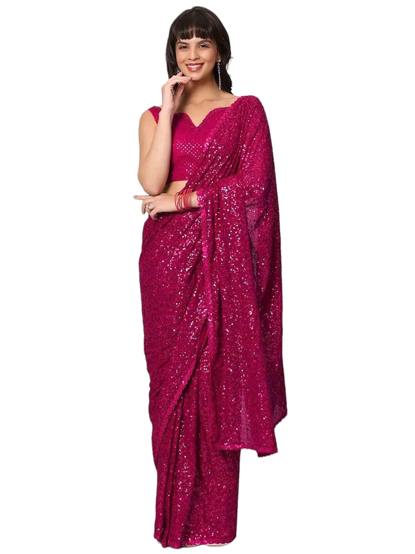 Zeel Clothing Women's Pink Sequins Work Heavy Georgette Saree with Blouse (1003-Hot-Pink-Sequins-Party-Saree-New, Hot Pink)