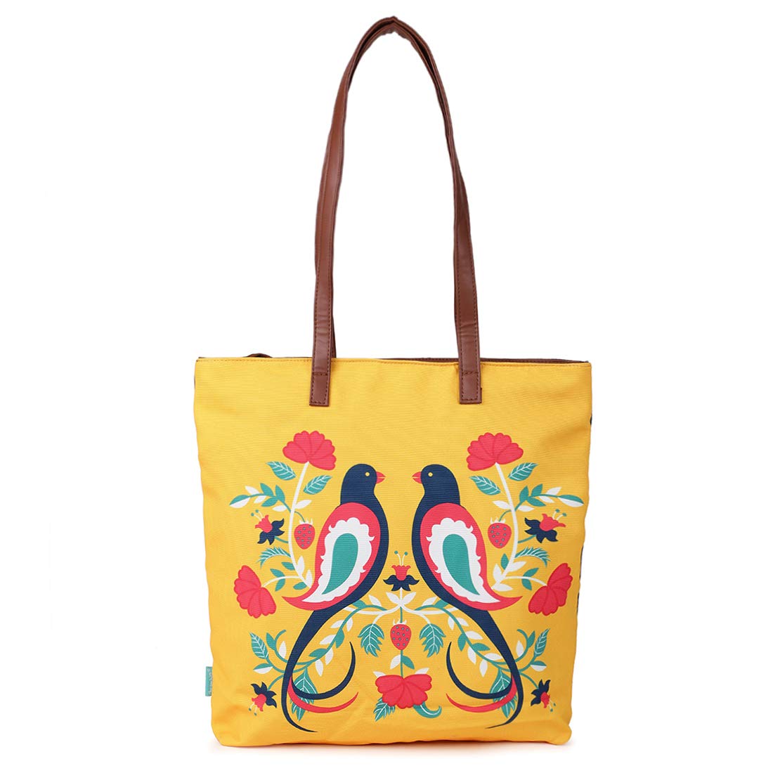 Chumbak Feathered Mates Tote Bag – Canvas Shoulder Bag for Women, Colorful Bird Print, Zipper Closure, Ideal for College, Travel, Office
