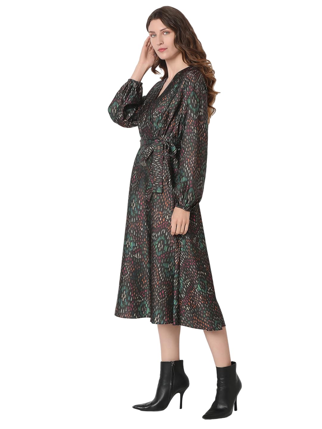 VERO MODA Women's Polyester Fit and Flare Midi Dress (9010805- Black