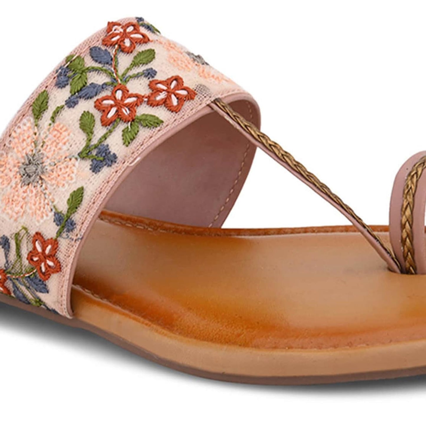 GLAM SOLES Women’s Embroidered Toe-Ring Flats | Elegant Floral Strap Design with Cushioned | Stylish & Comfortable Ethnic Sandals for Girls & Women, Peach
