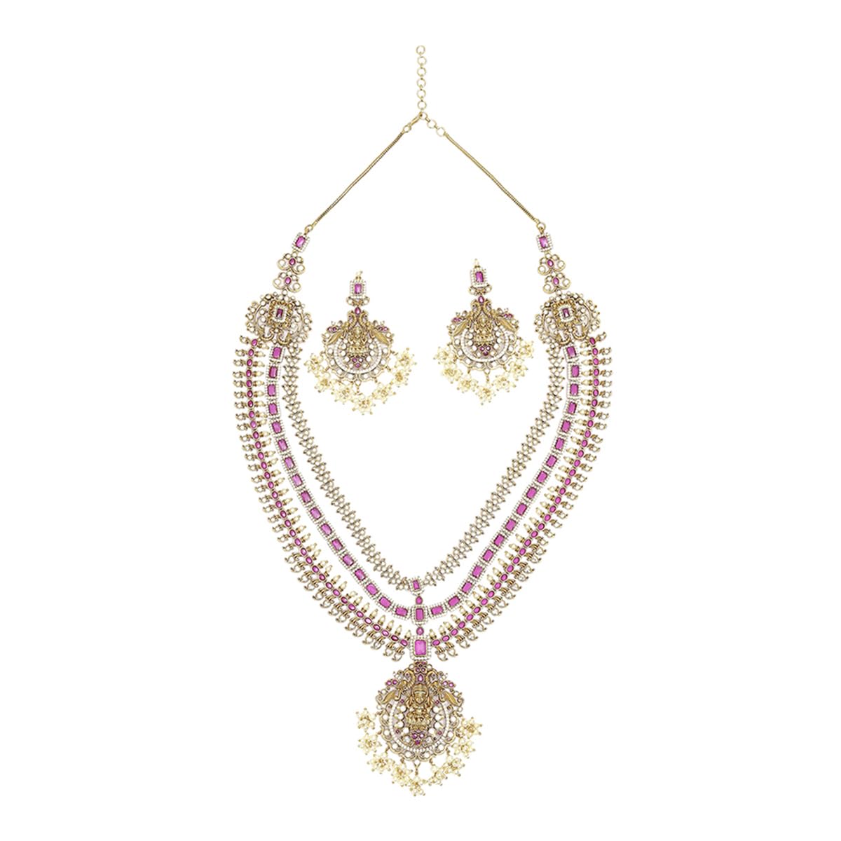 VOYLLA Antique Inspired Opulent CZ and Faux Pearls Multi-Strand Brass Gold Plated Jewellery Set