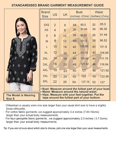 Ada Hand Embroidered Lucknowi Chikankari Cotton Short Kurti Top Tunic for Women A911479 White & Black (3XL)