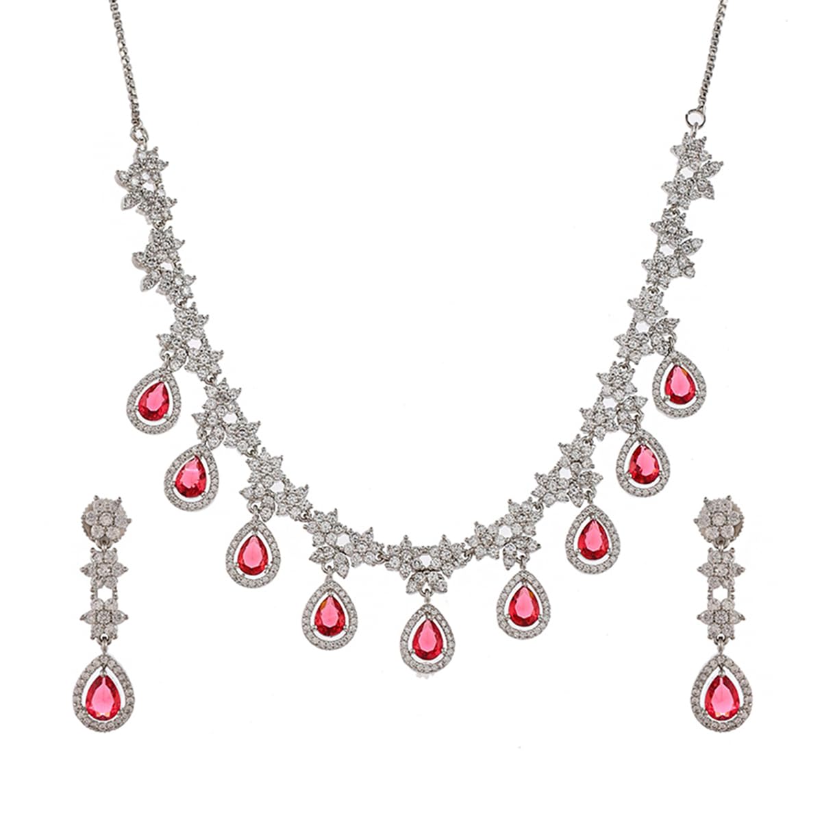 VOYLLA Cz Elegance Red Teardrop Silver Plated Necklace Set
