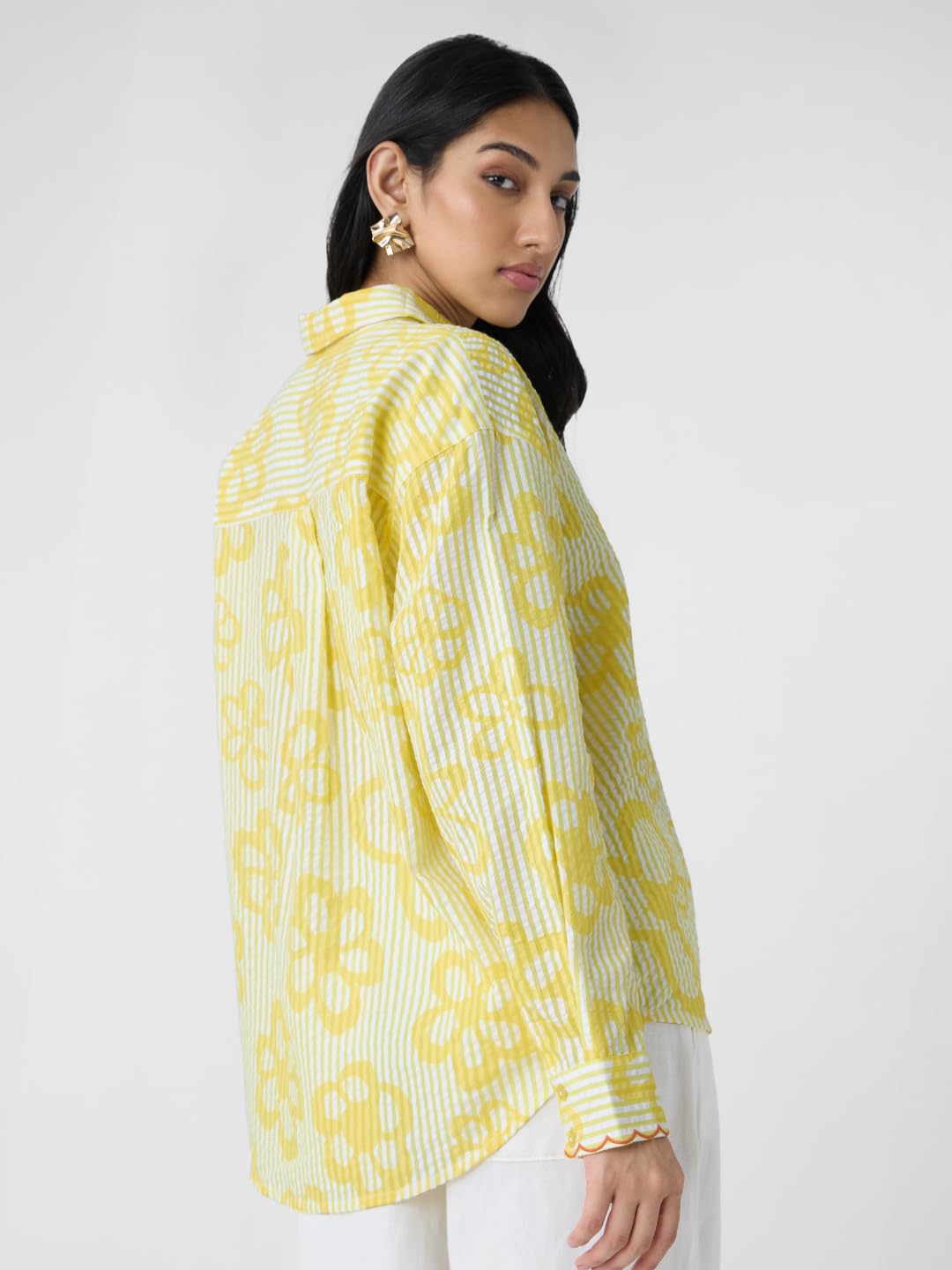 The Souled Store Hello Sunshine Women and Girls Long Sleeves Collared Neck Button Front Yellow Embroidered Cotton Boyfriend Shirts