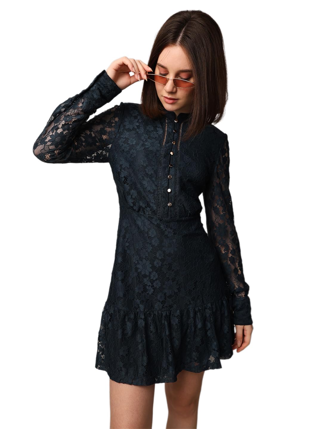 ONLY Women Self Design Fit and Flare Party Blue Fit and Flare Dress