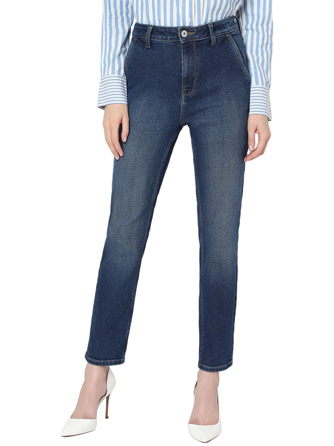 VERO MODA Women's Slim Fit High-Rise Dark Blue Jeans