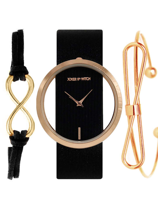 Joker & Witch Noir Black and Rosegold Analogue Watch Bracelet Set for Women