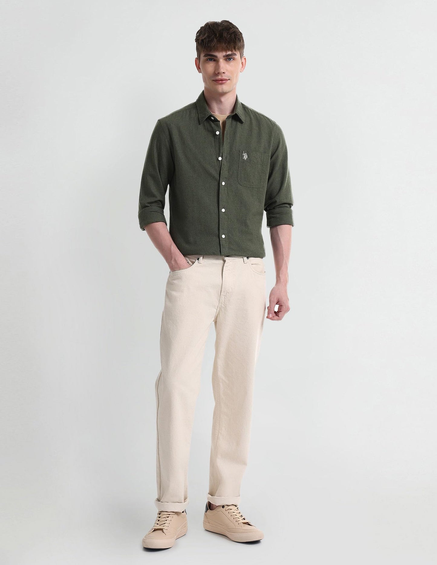 U.S. POLO ASSN. Men's Cotton Regular Fit Shirt (UDSHTO1217A_Olive,Medium