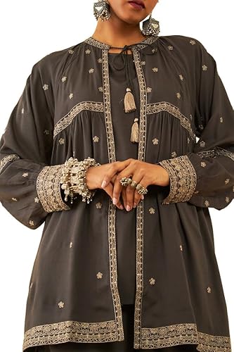 Soch Womens Charcoal Rayon Slub Three-Piece Co-Ord Set with Thread Work