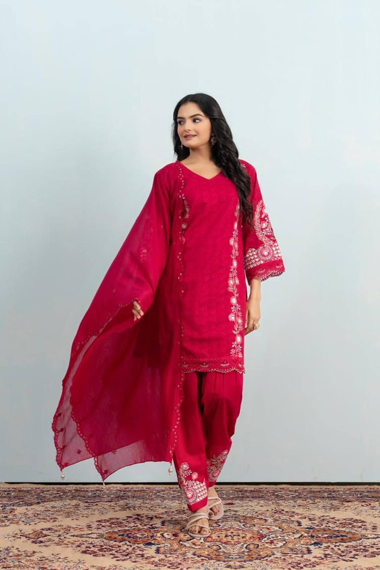VARAMYA Red Embroidered Patiala Punjabi Suit for Women with Stunning Traditional Design Comfortable Fabric Includes Stylish Kurta Patiala Salwar and Matching Dupatta Perfect for Festival_M