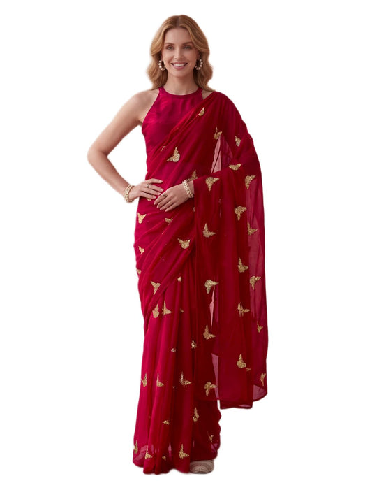 SIRIL Women's Georgette Sequins Embroidery Saree with Unstitched Blouse Piece (4407S196AAA_Red)