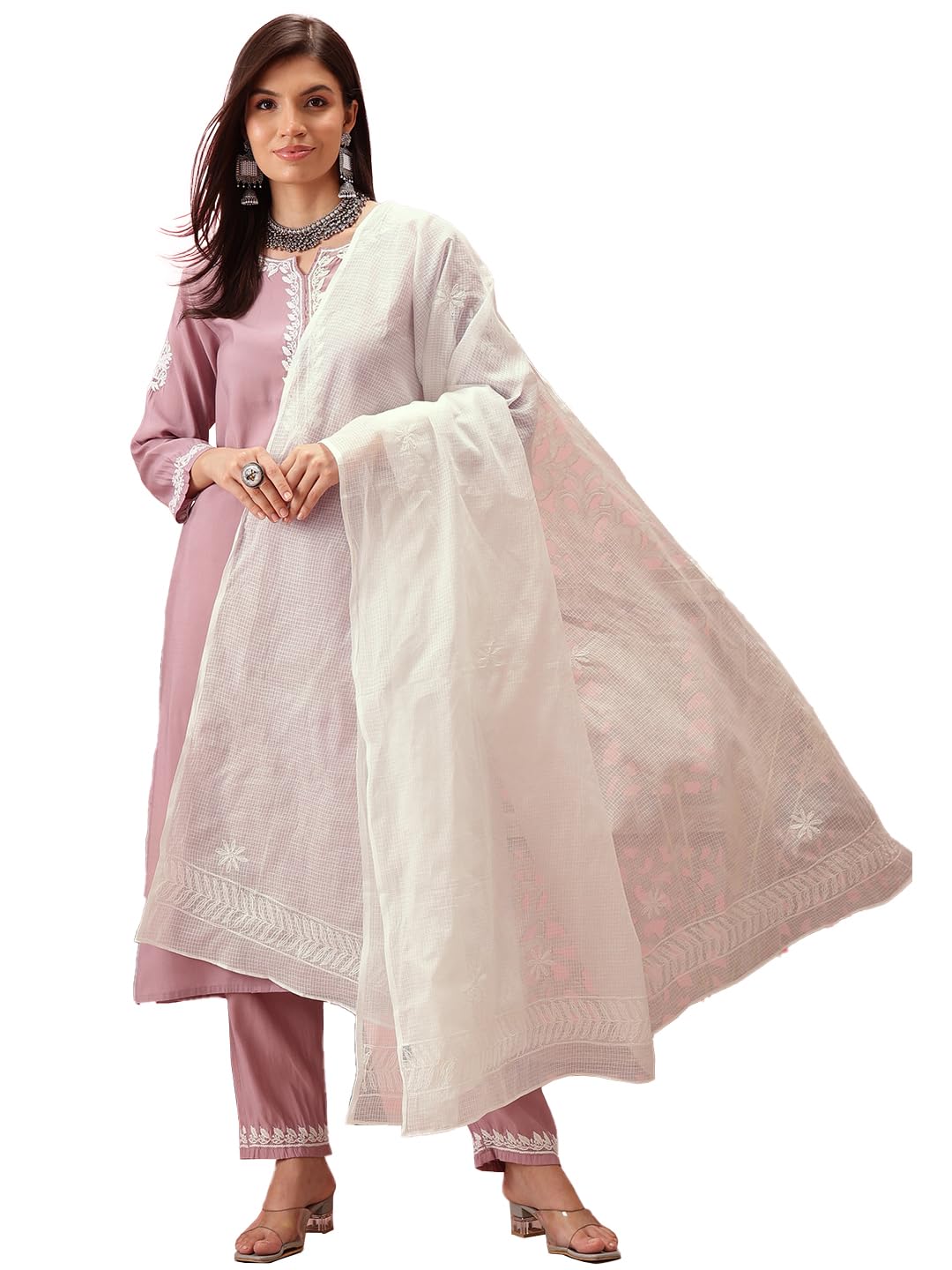 Ada Cotton Blend Hand Embroidered Lucknowi Chikankari Ethnic Wear White Kota Doria Dupatta For Women A511221, Free Size