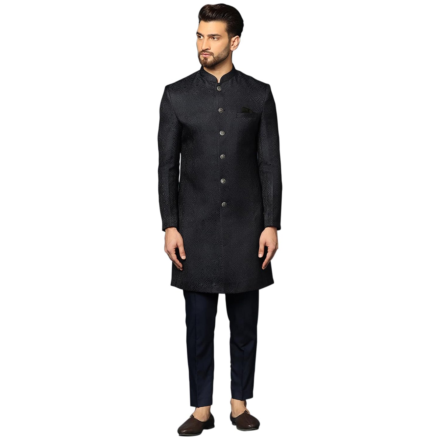 KISAH Men's Navy Blue Sherwani Trousers Set, Cotton Full Sleaves, Knee Length, Straight, Regular Fit, Mandarin Collar Ethnic Wear