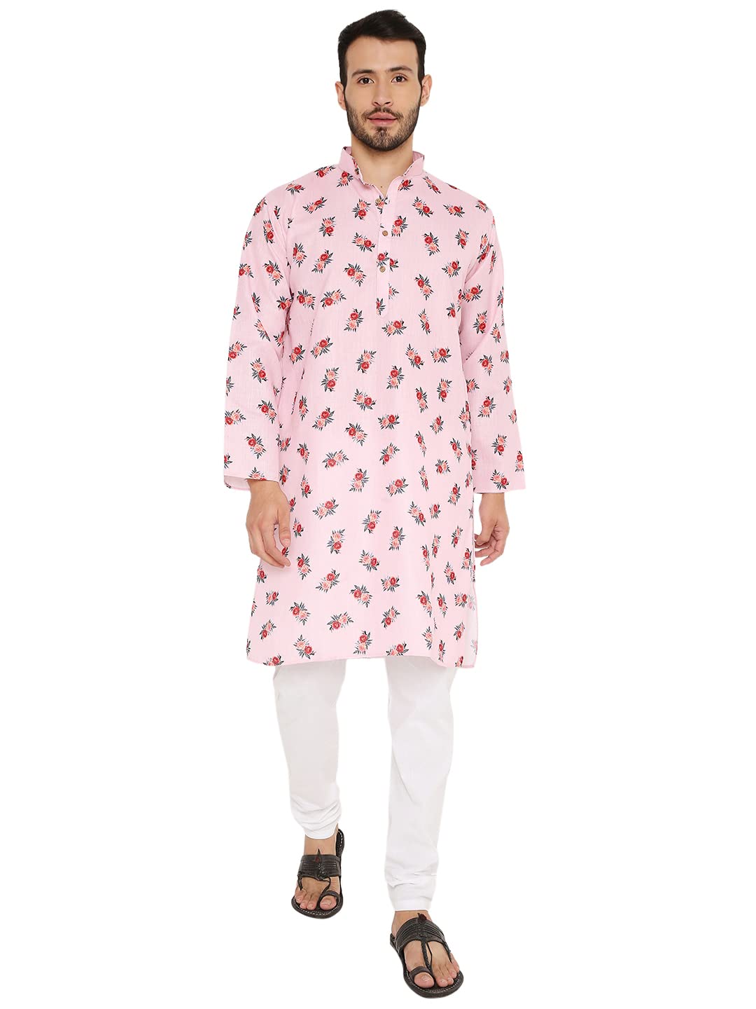 LUCKWIN Linen Regular Fit, Mandarin Collar, Floral Print Kurta Pajama Set in Pink for Men [LWKP162-42-2023]