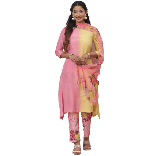 BIBA WOMEN PRINTED NARROW SALWAR KURTA DUPATTA(SKDCANDY KU7888_YELLOW-PINK_40)