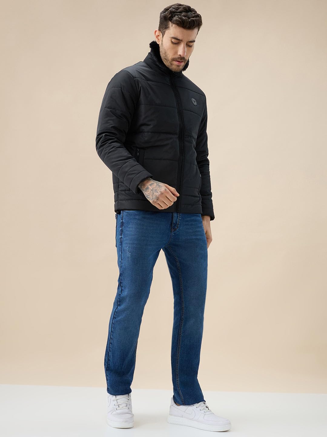 Status Quo Men's Solid Quilted Jacket Faux Fur High Neck Full Sleeves